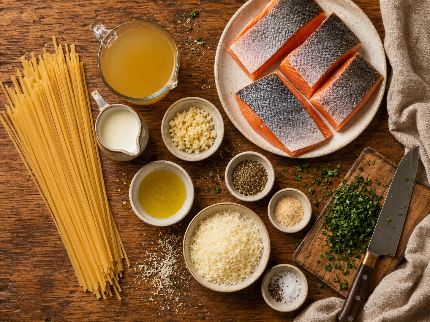 Garlic Parmesan Salmon Pasta preparation