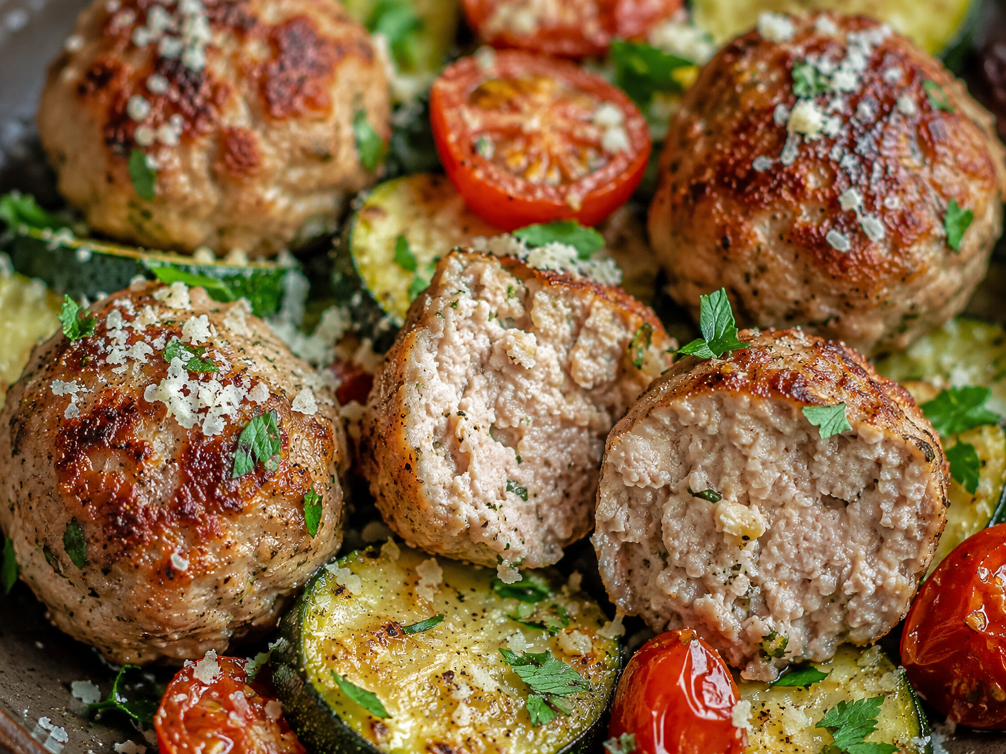 Garlic Parmesan Turkey Meatballs with Zucchini close up
