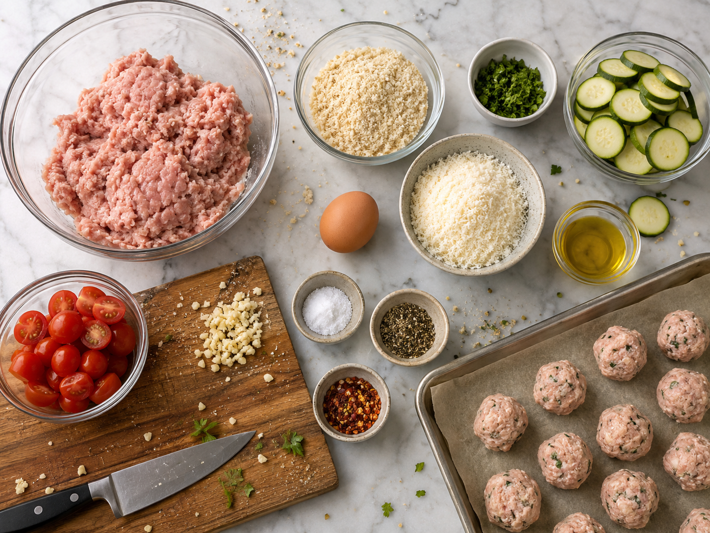 Garlic Parmesan Turkey Meatballs with Zucchini preparation