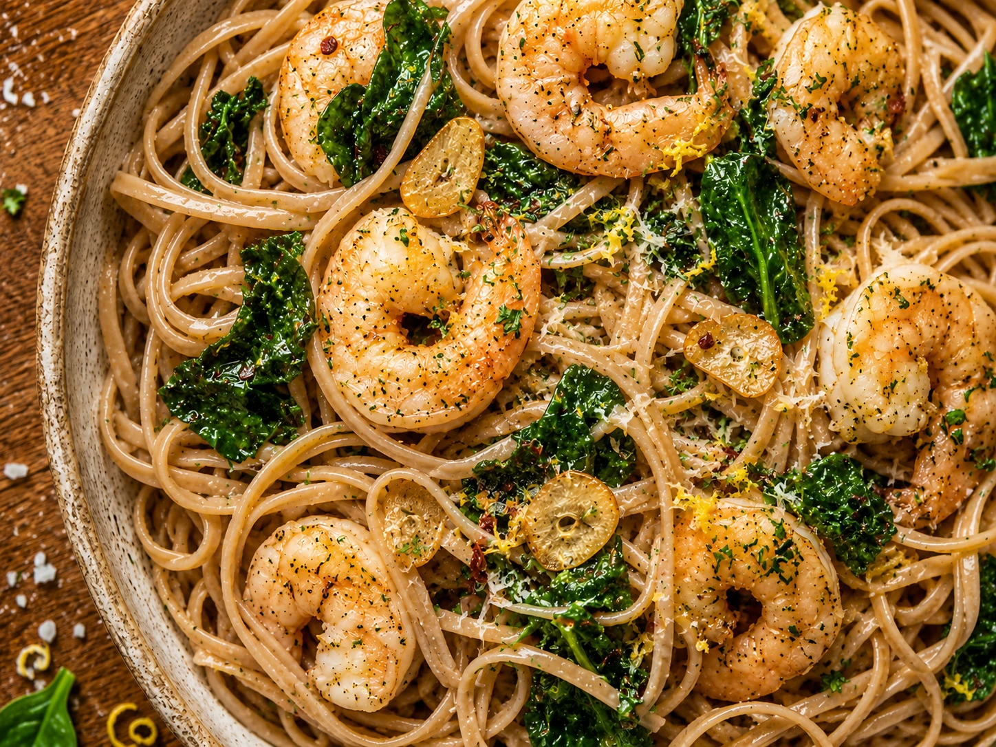 Garlic Shrimp Spinach Pasta aerial view