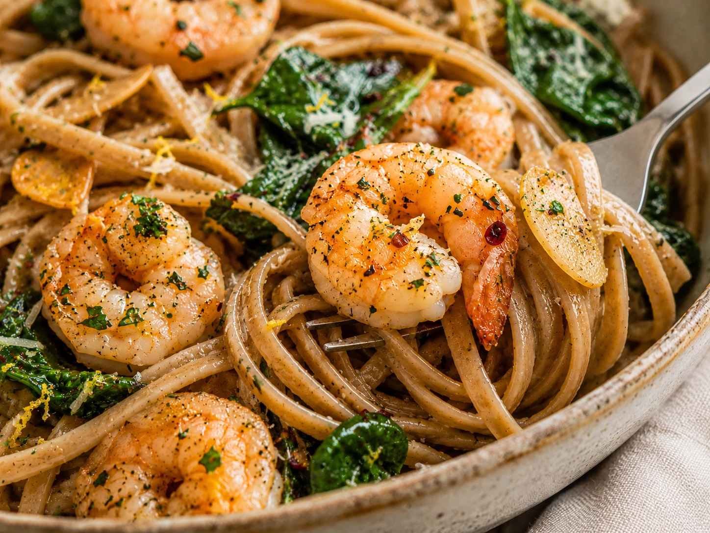 Garlic Shrimp Spinach Pasta close up