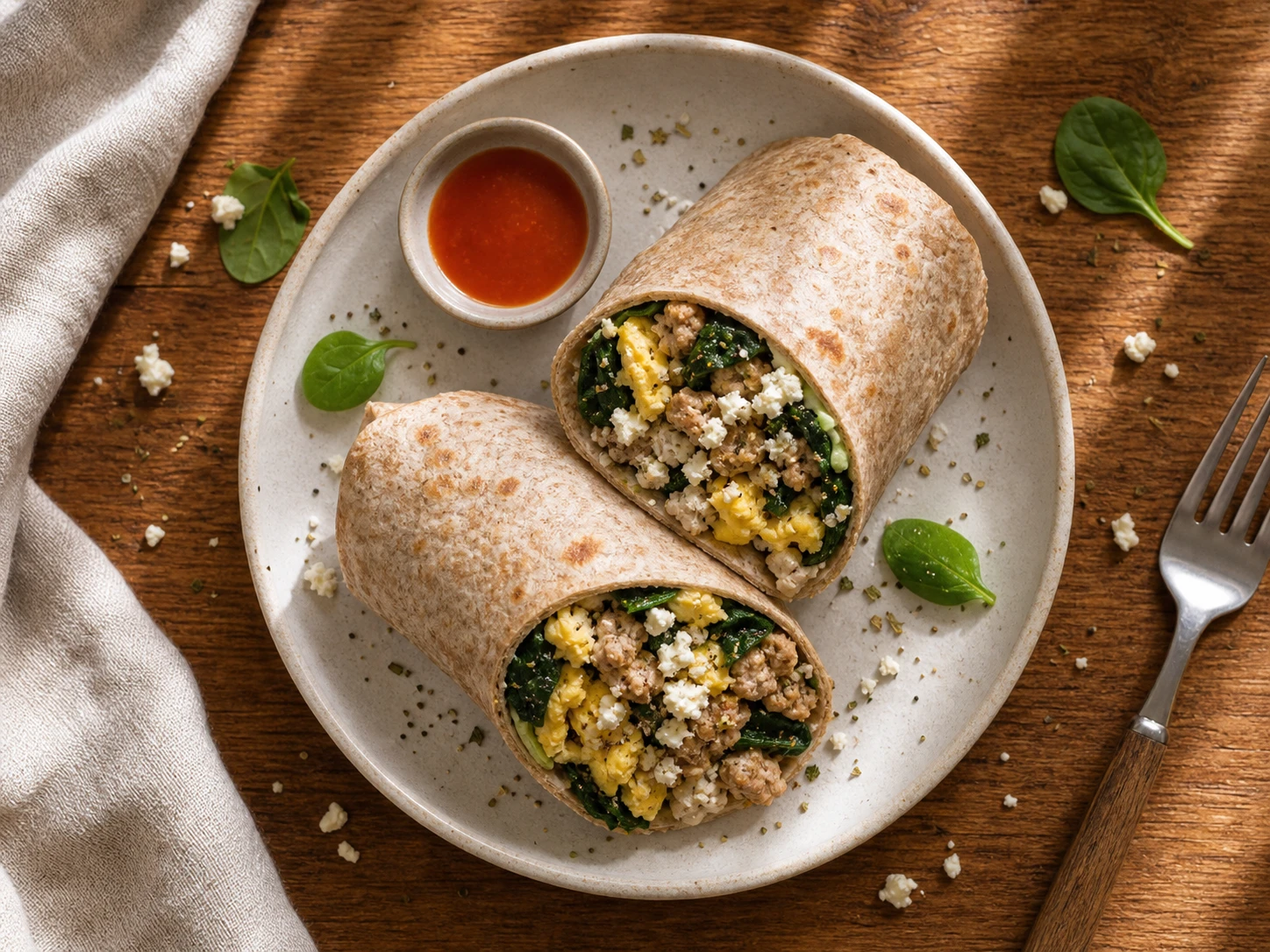 Garlic Spinach Turkey Egg Wrap aerial view
