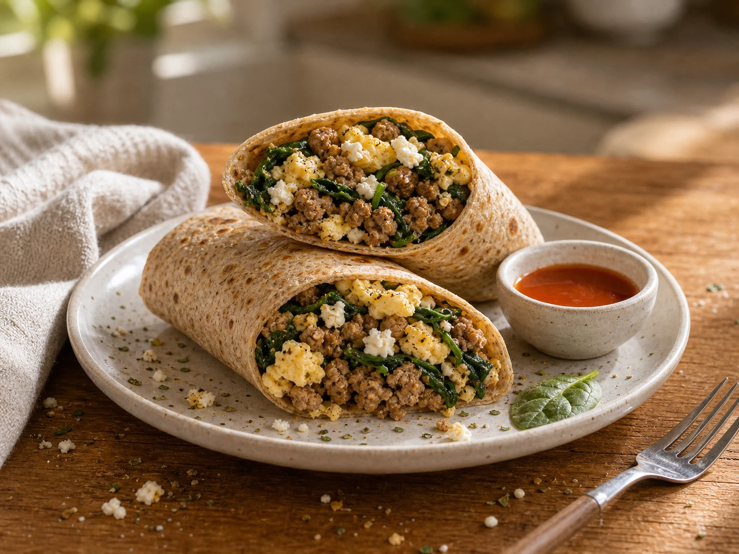 Garlic Spinach Turkey Egg Wrap close up