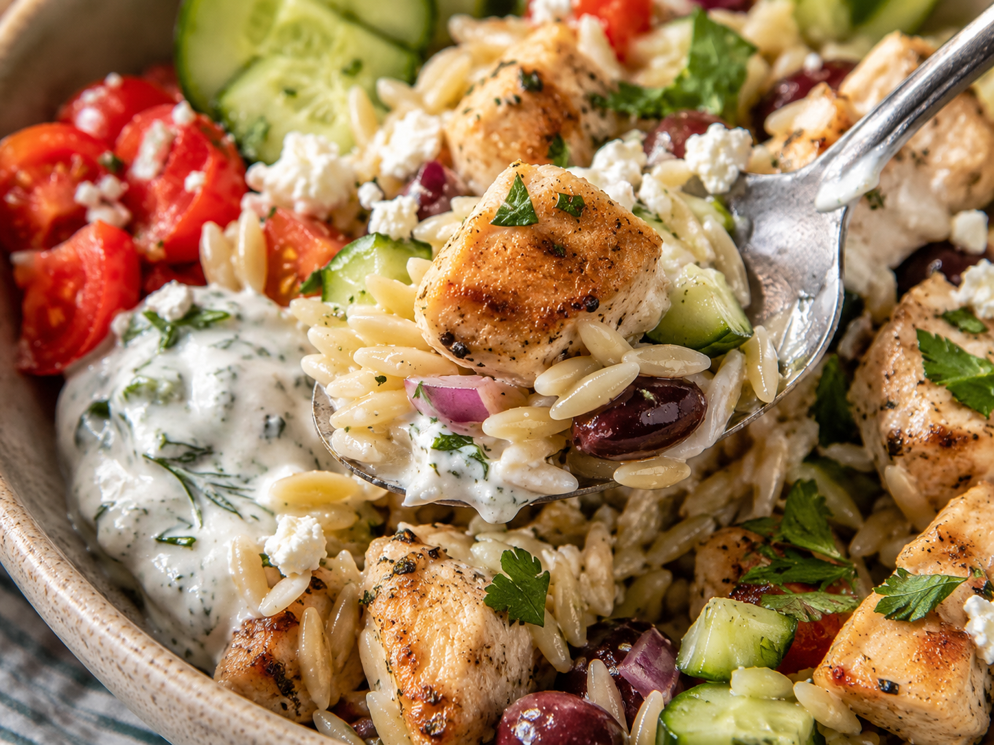 Greek Chicken Orzo Bowls close up