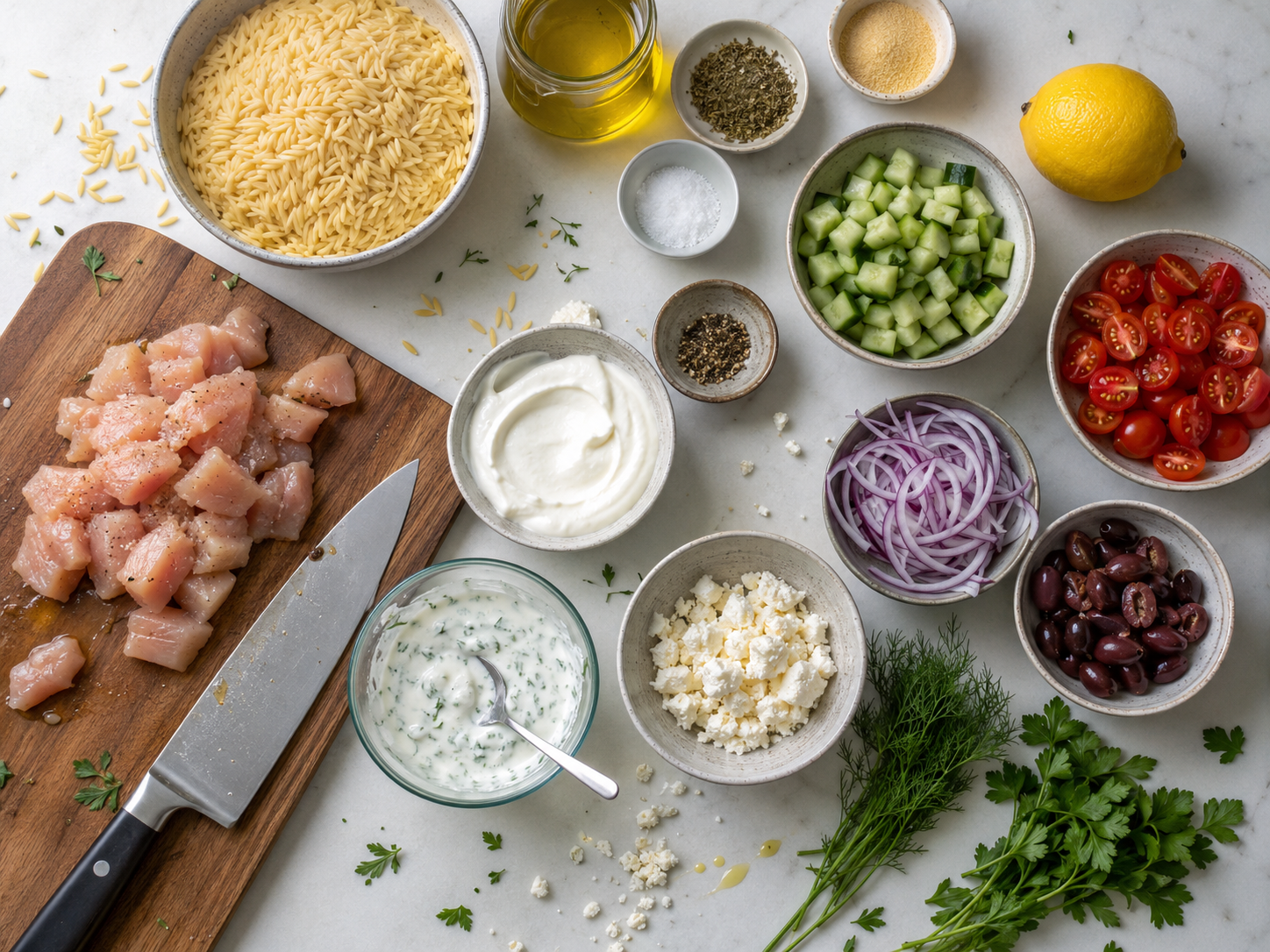 Greek Chicken Orzo Bowls preparation