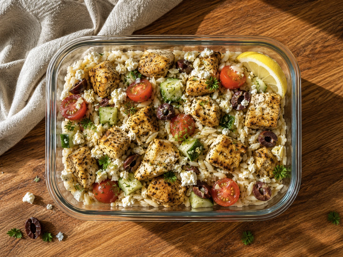 Greek Chicken Orzo Meal Prep aerial view