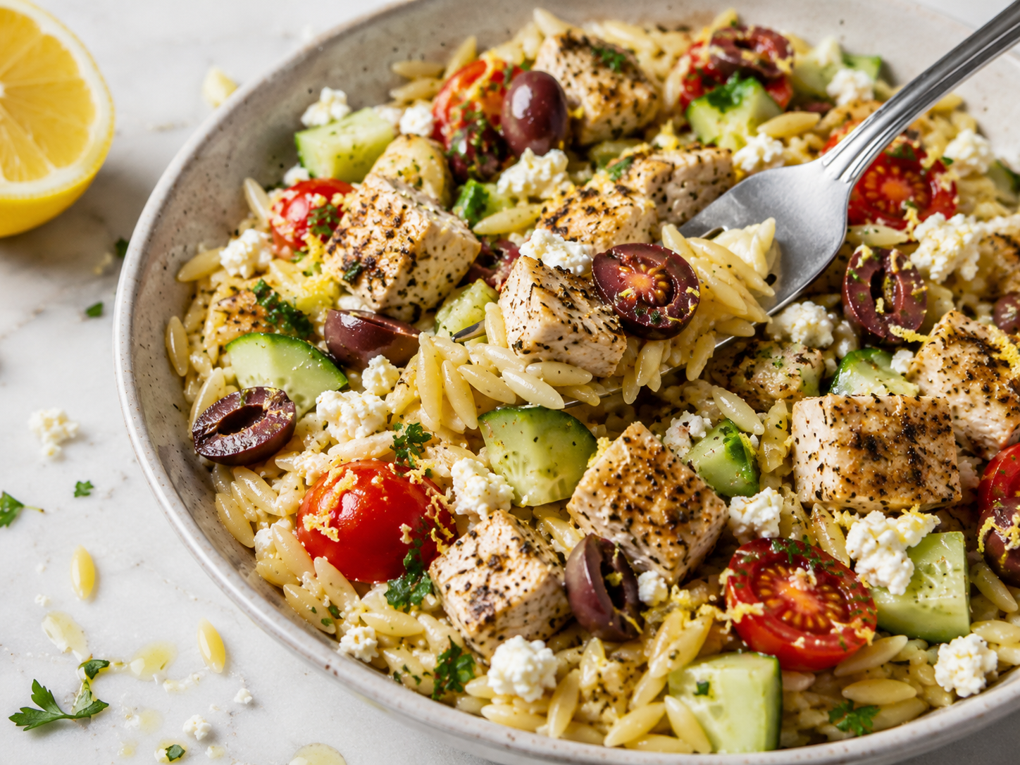 Greek Chicken Orzo Meal Prep close up