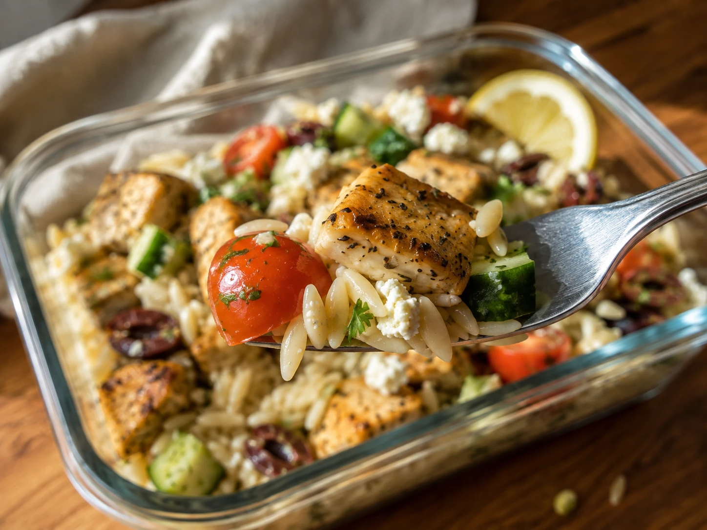Greek Chicken Orzo Meal Prep close up