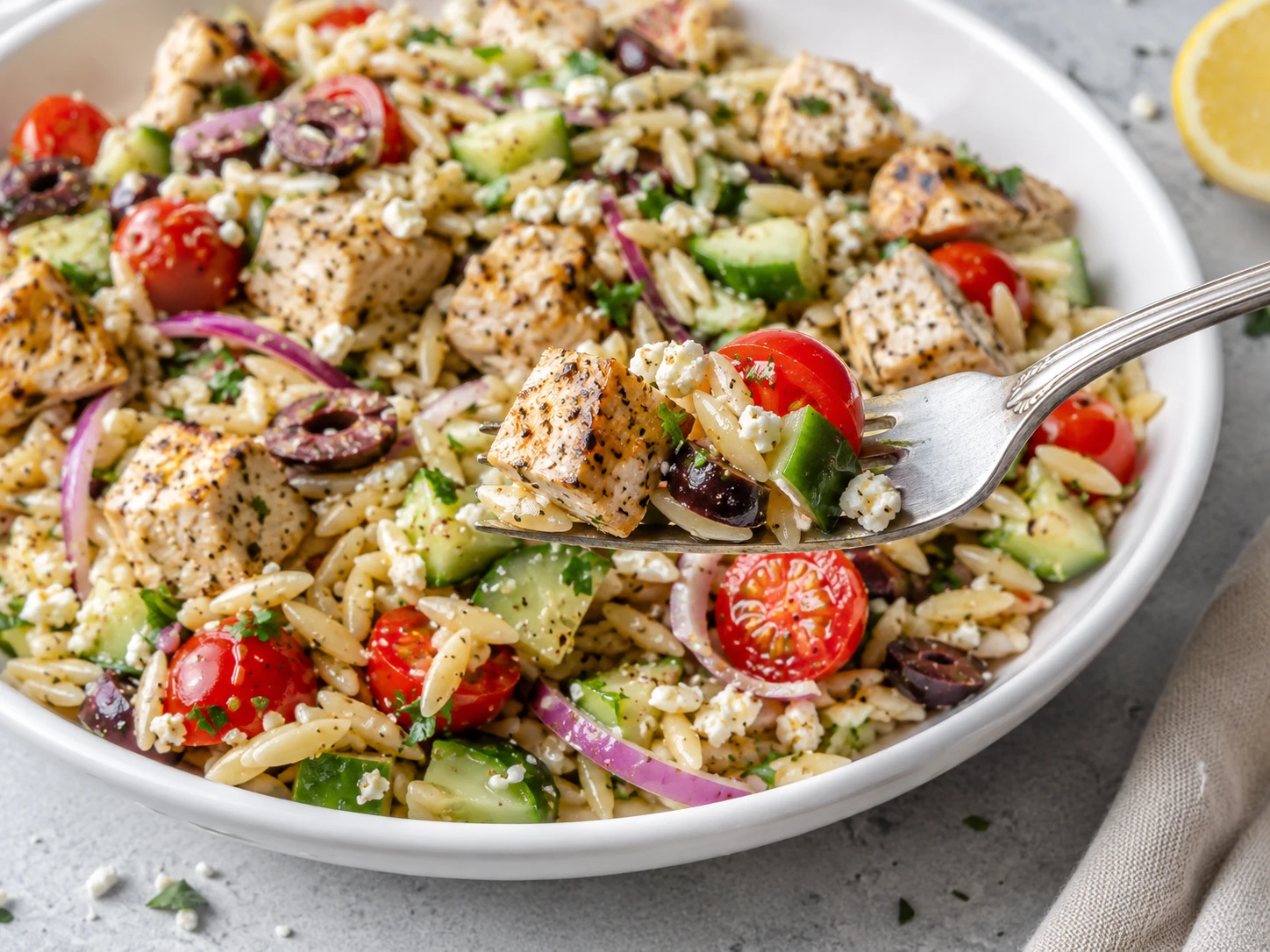 Greek Chicken Orzo Salad close up