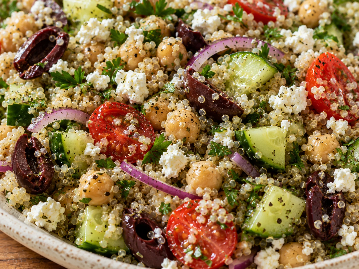 Greek Chickpea Quinoa and Feta Protein Salad aerial view
