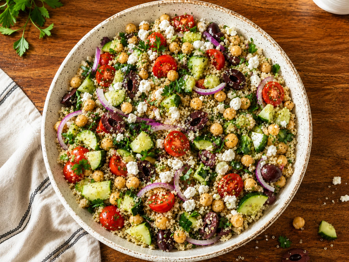 Greek Chickpea Quinoa and Feta Protein Salad close up