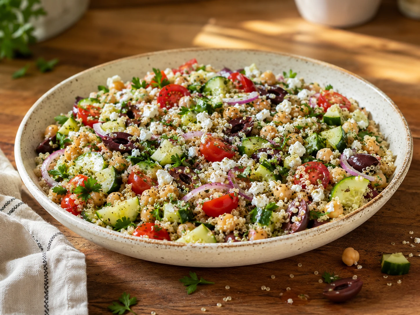 Greek Chickpea Quinoa and Feta Protein Salad