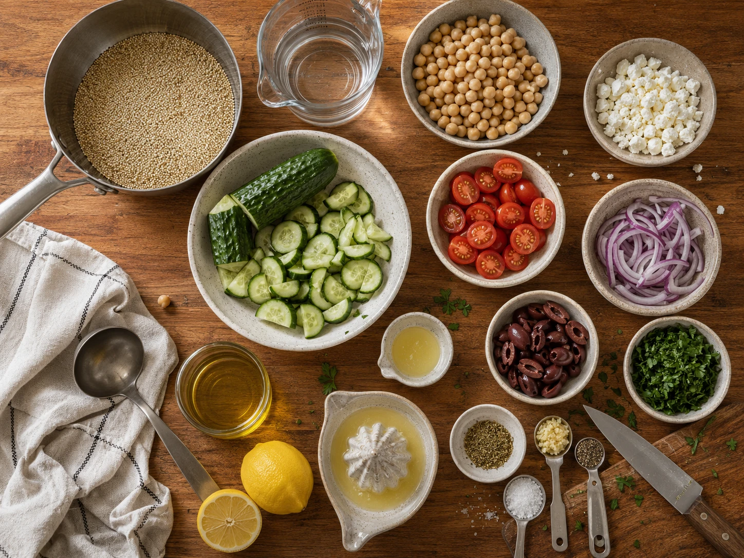 Greek Chickpea Quinoa and Feta Protein Salad preparation