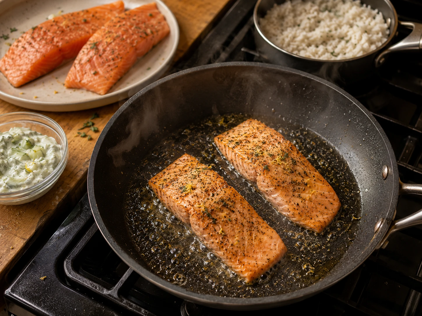 Greek Salmon Rice Bowls aerial view