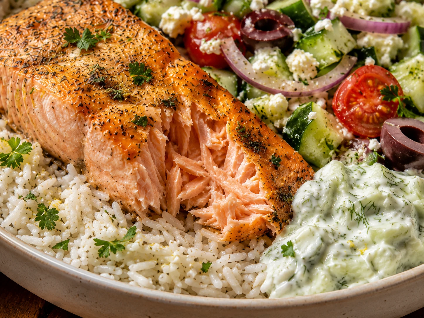 Greek Salmon Rice Bowls close up