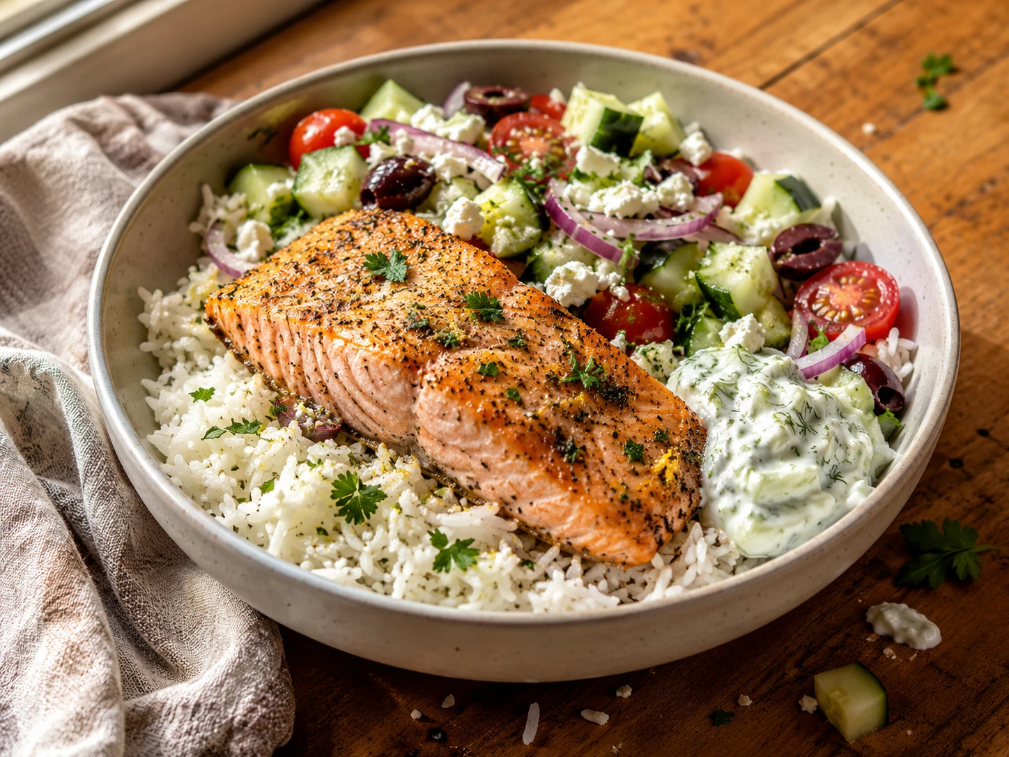 Greek Salmon Rice Bowls
