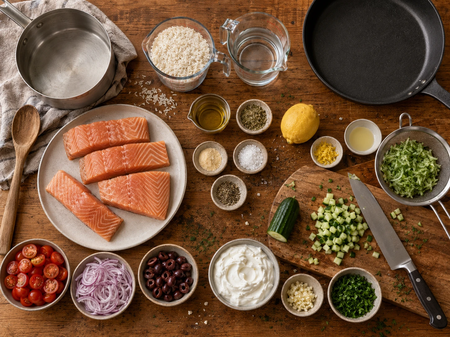 Greek Salmon Rice Bowls preparation