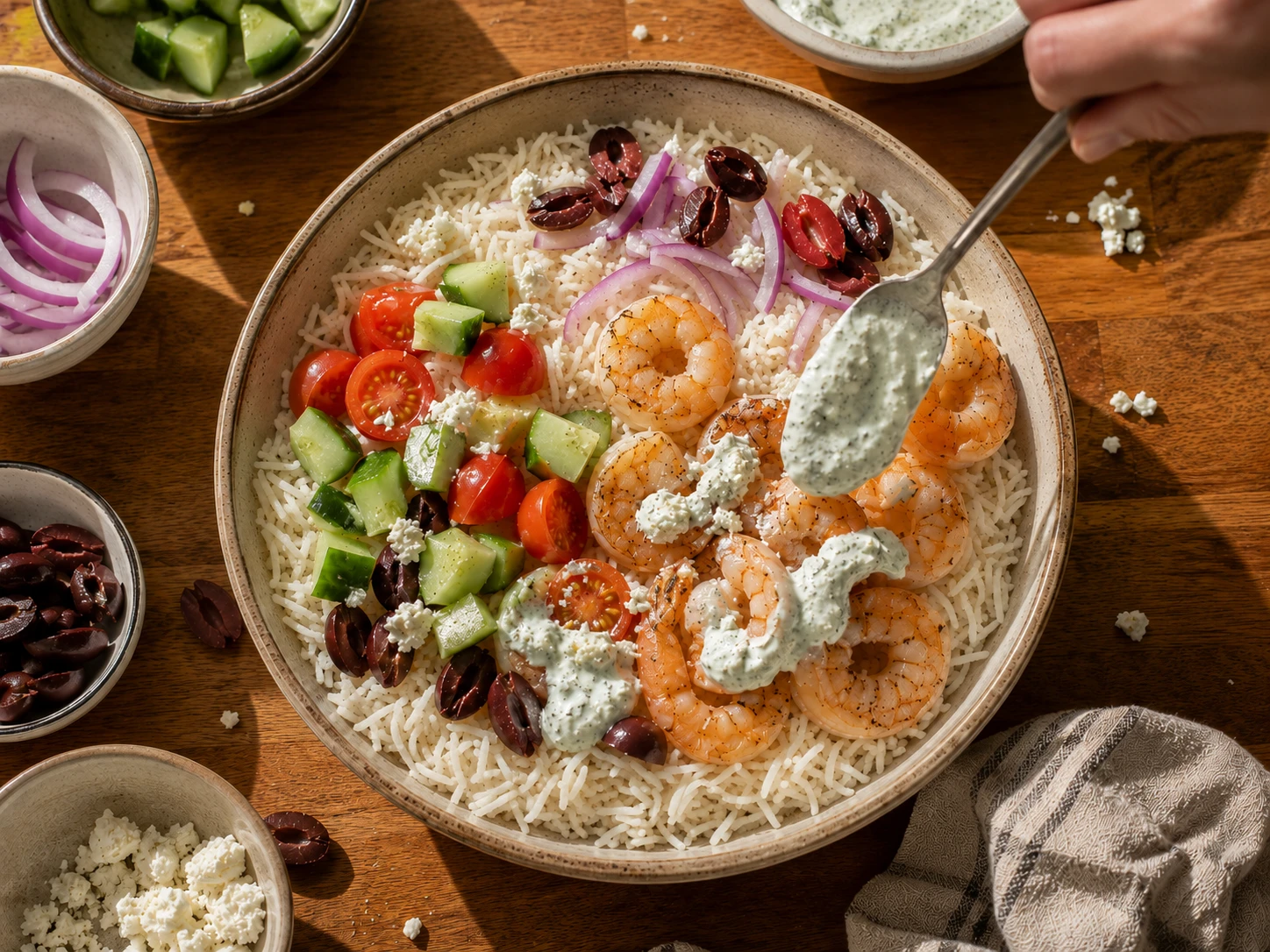 Greek Shrimp Rice Bowl aerial view