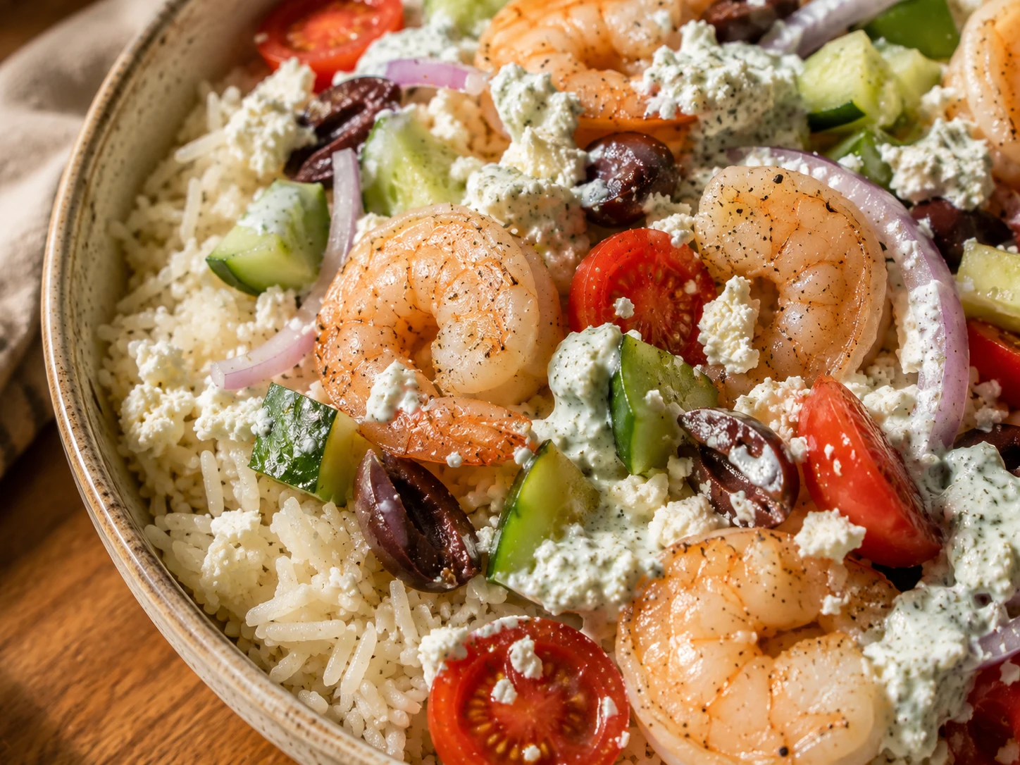Greek Shrimp Rice Bowl close up