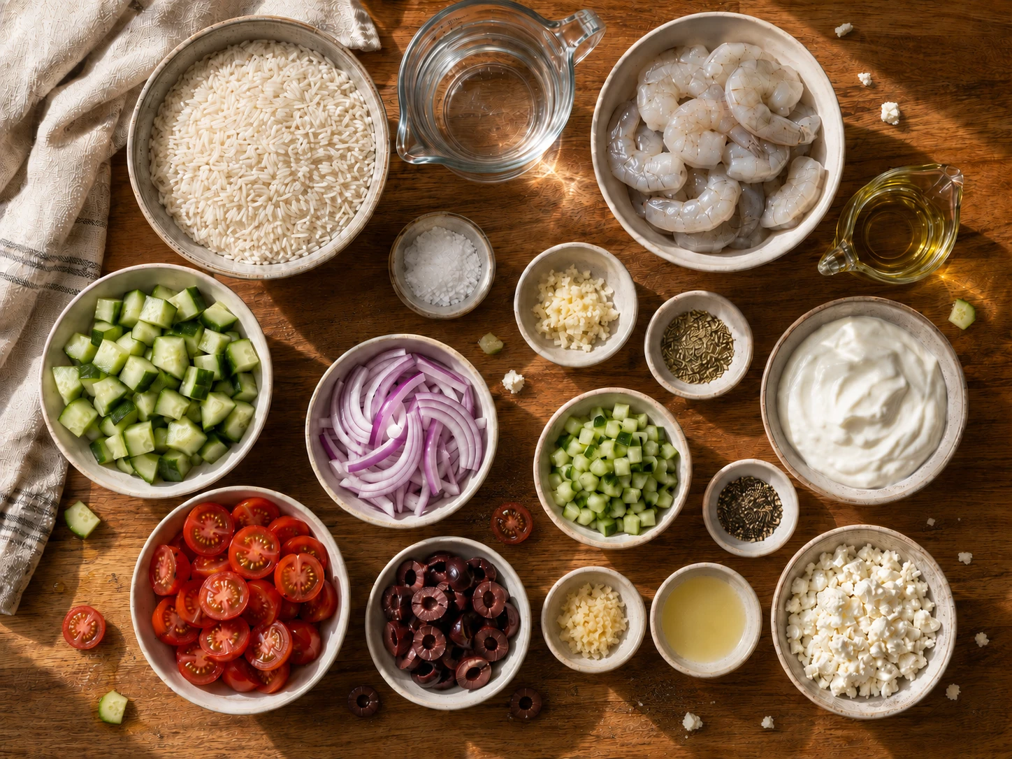 Greek Shrimp Rice Bowl preparation