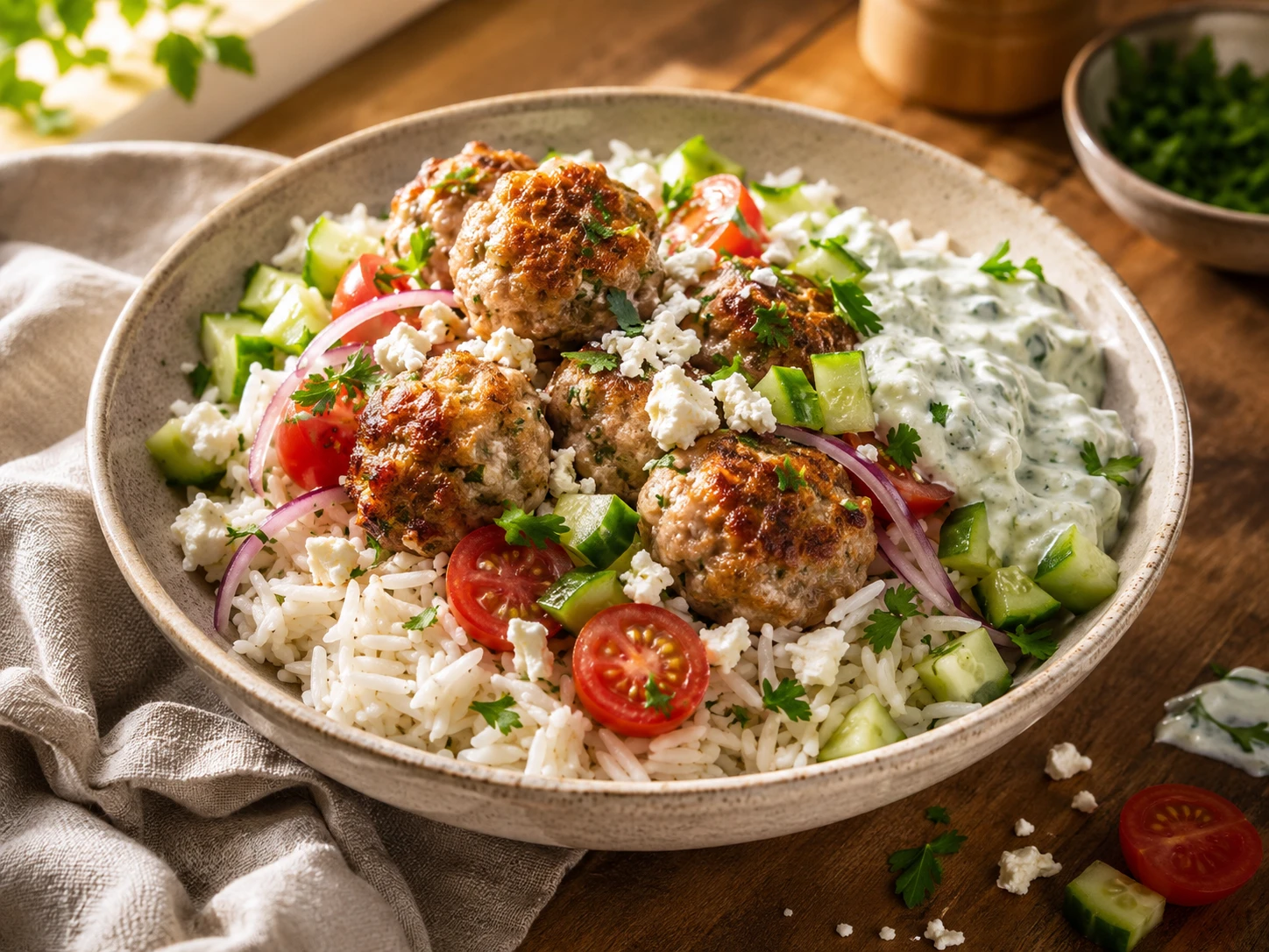 Greek Turkey Meatball Bowl close up
