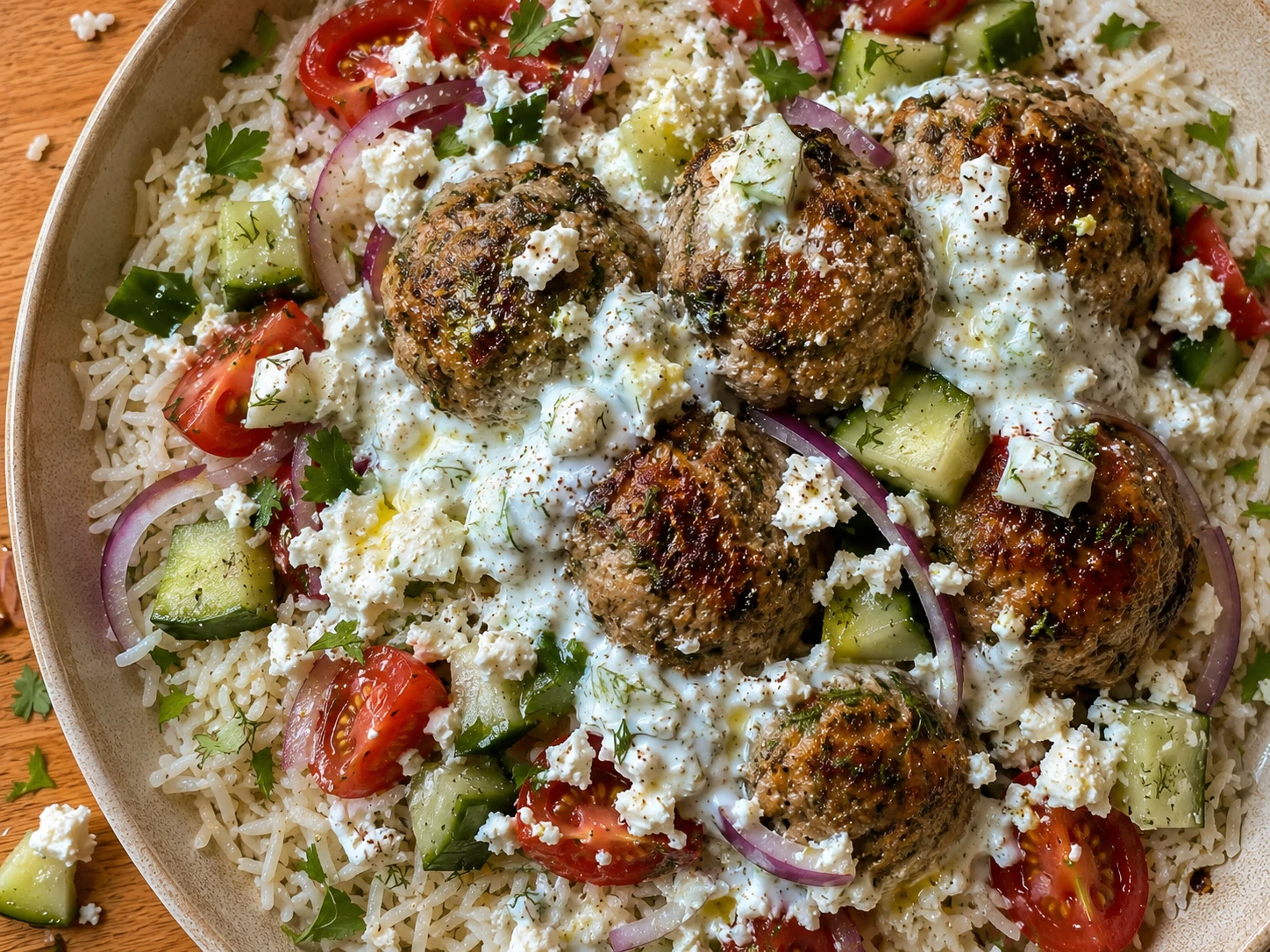 Greek Turkey Meatball Bowls with Homemade Tzatziki aerial view