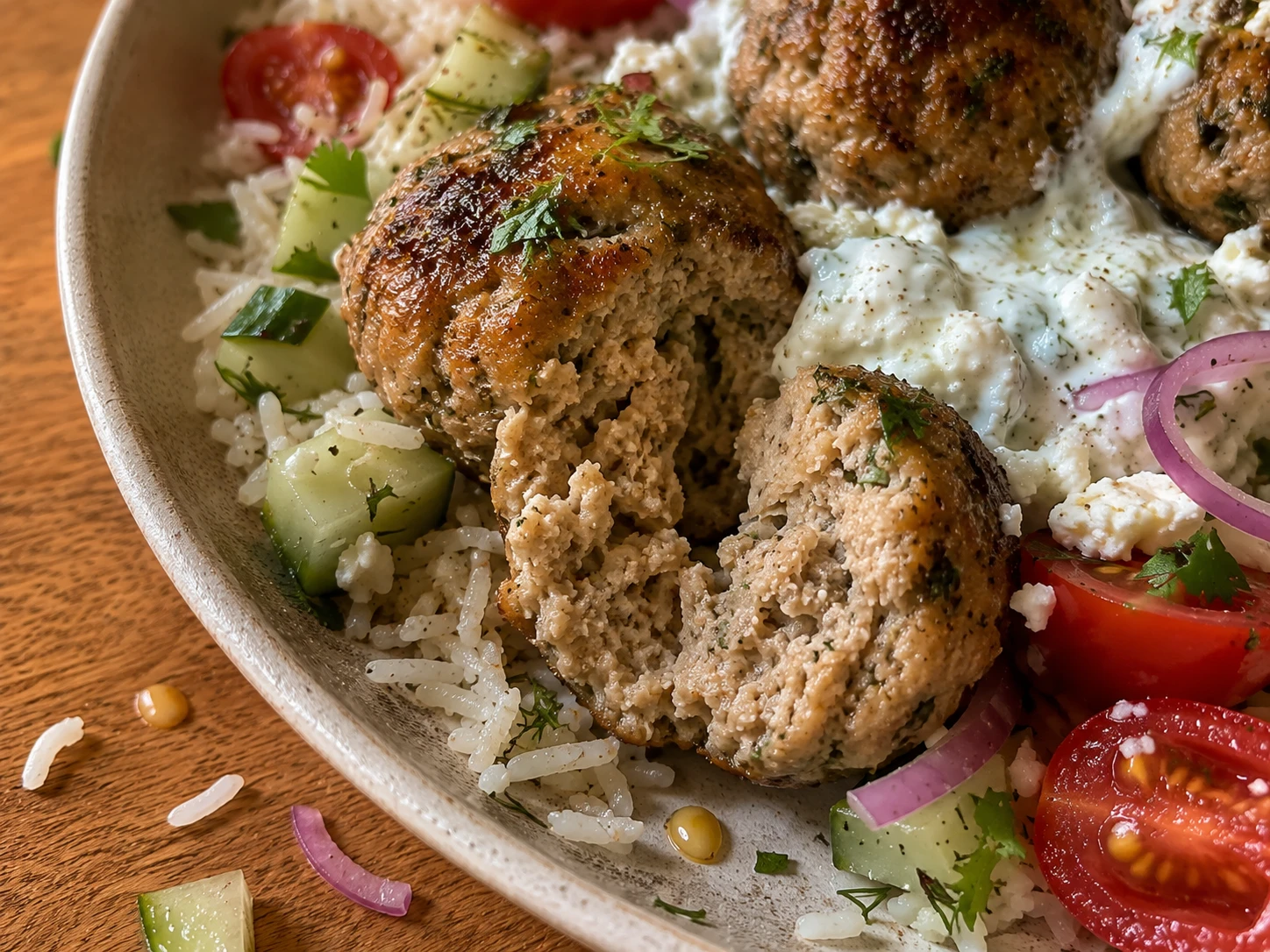 Greek Turkey Meatball Bowls with Homemade Tzatziki close up