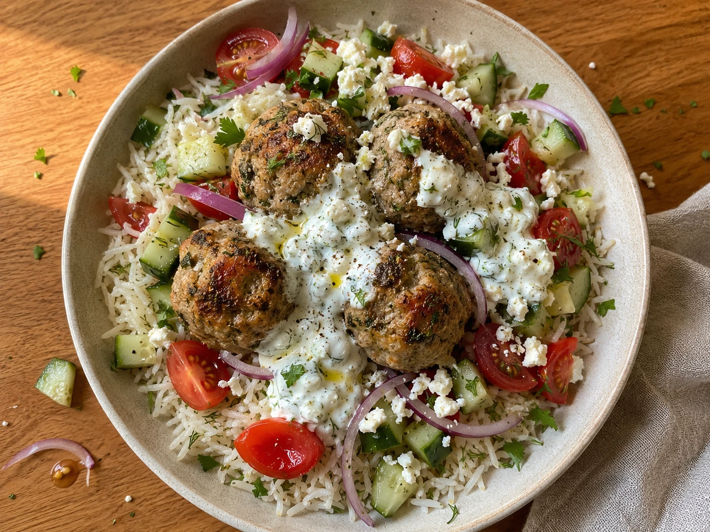 Greek Turkey Meatball Bowls with Homemade Tzatziki