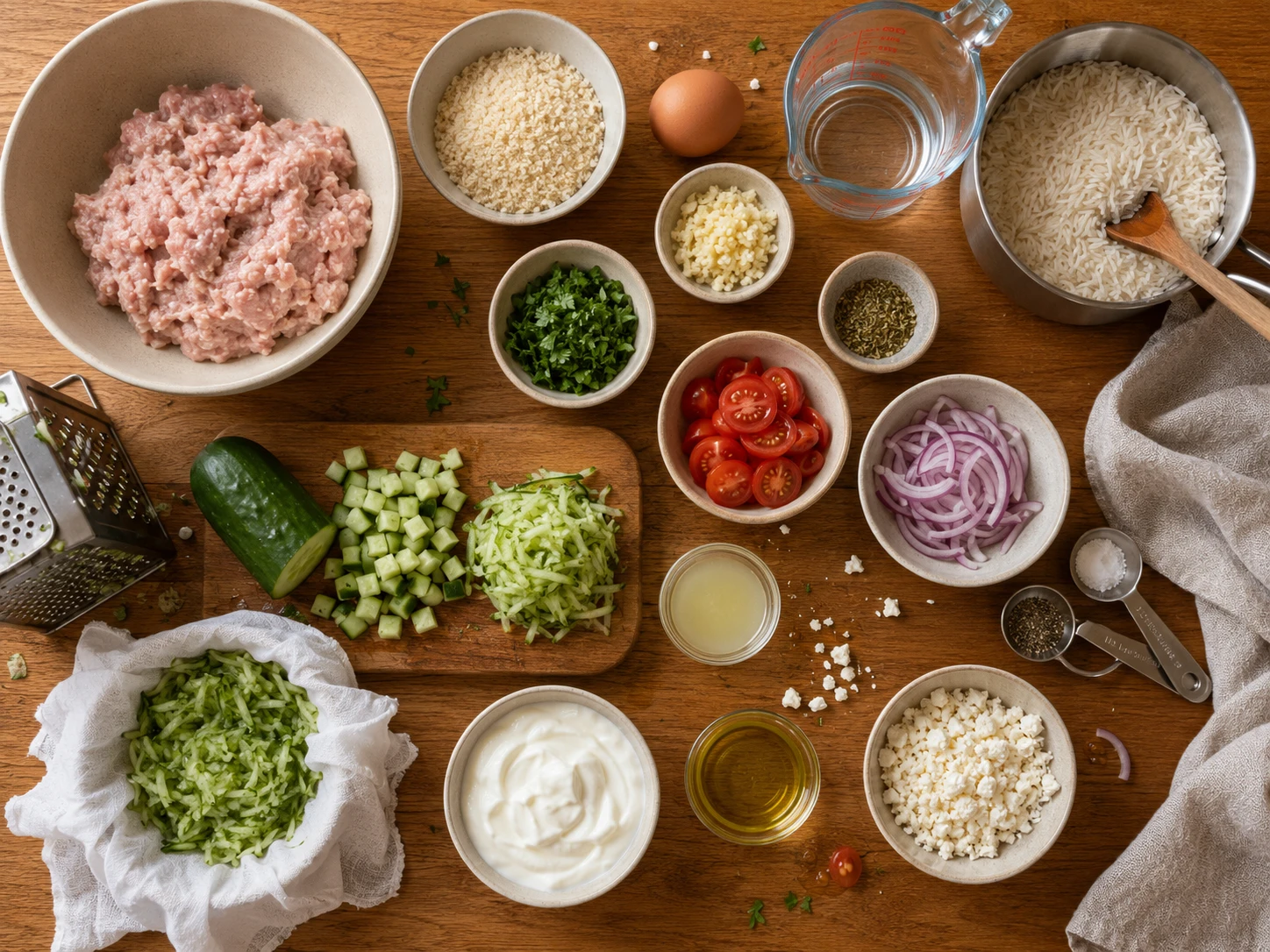 Greek Turkey Meatball Bowls with Homemade Tzatziki preparation