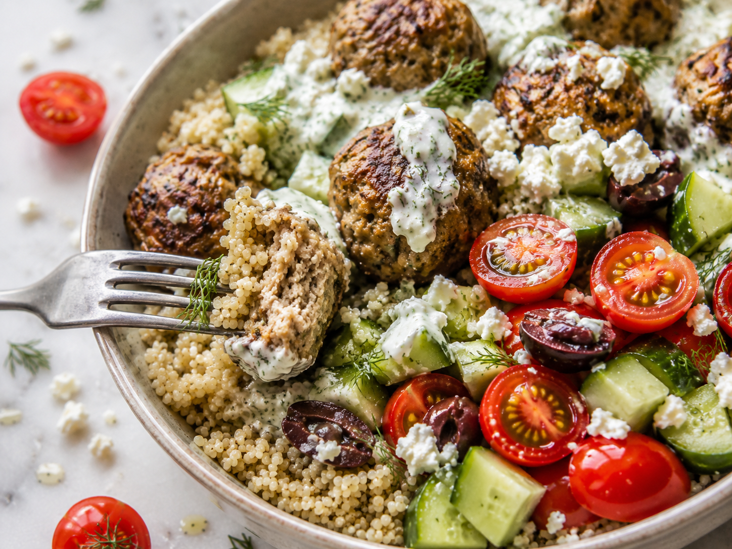 Greek Turkey Meatball Quinoa Bowls close up
