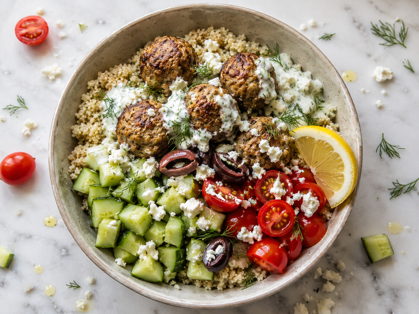 Greek Turkey Meatball Quinoa Bowls