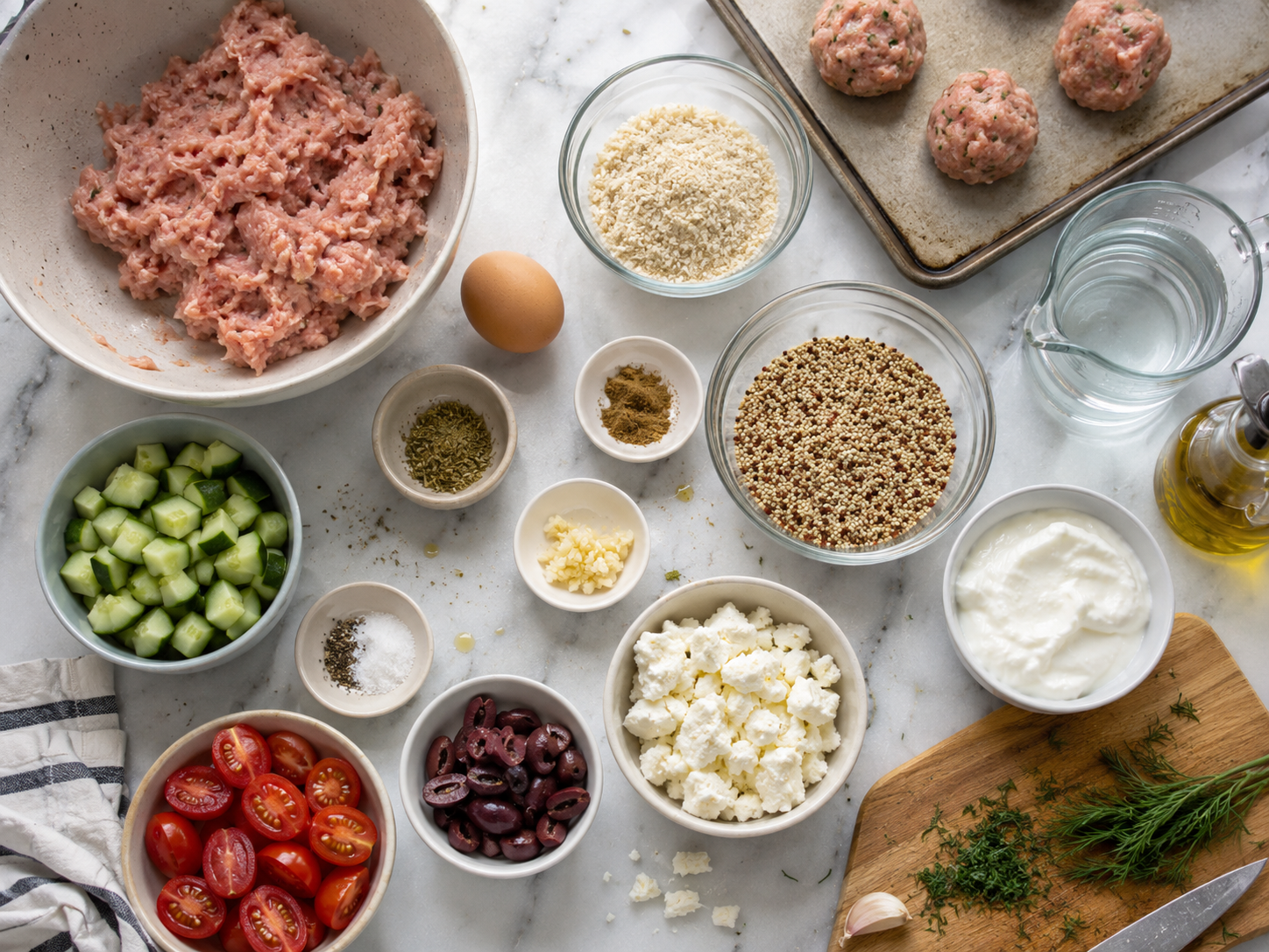 Greek Turkey Meatball Quinoa Bowls preparation