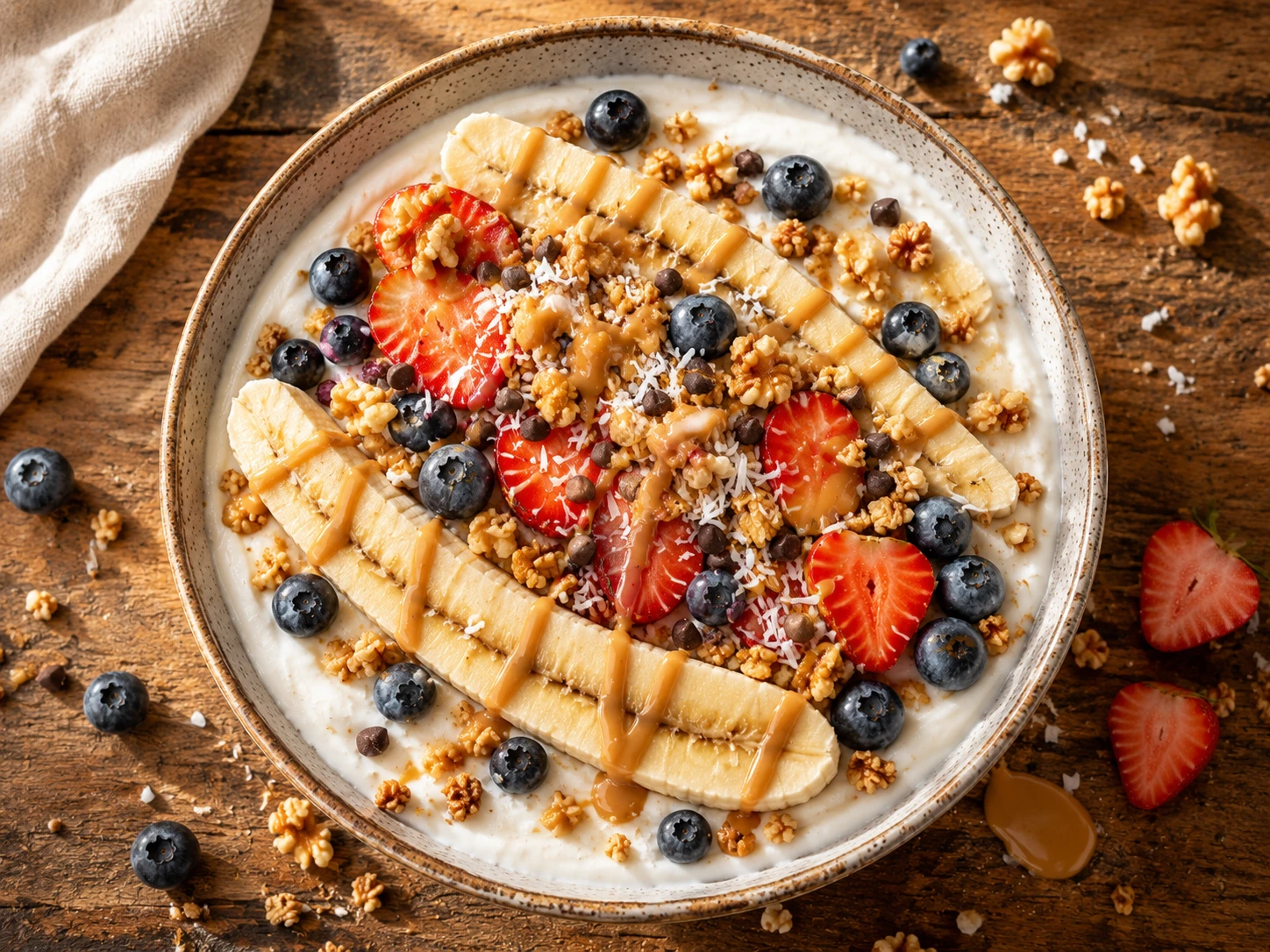 Greek Yogurt Banana Split Breakfast Bowl aerial view