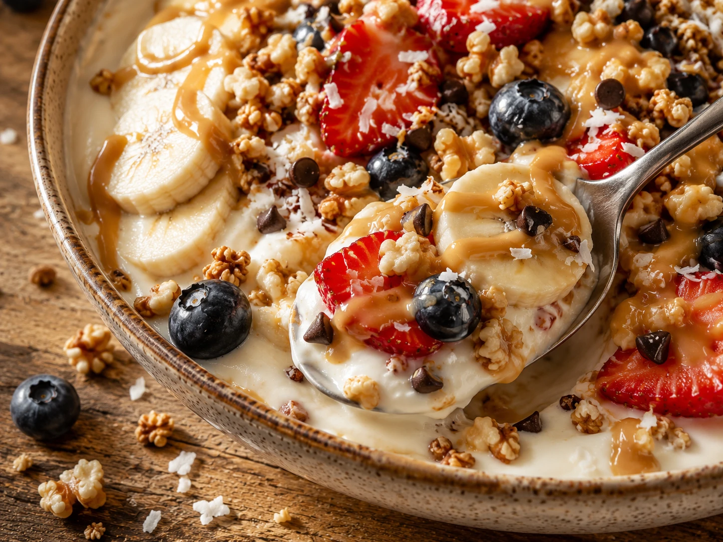 Greek Yogurt Banana Split Breakfast Bowl close up