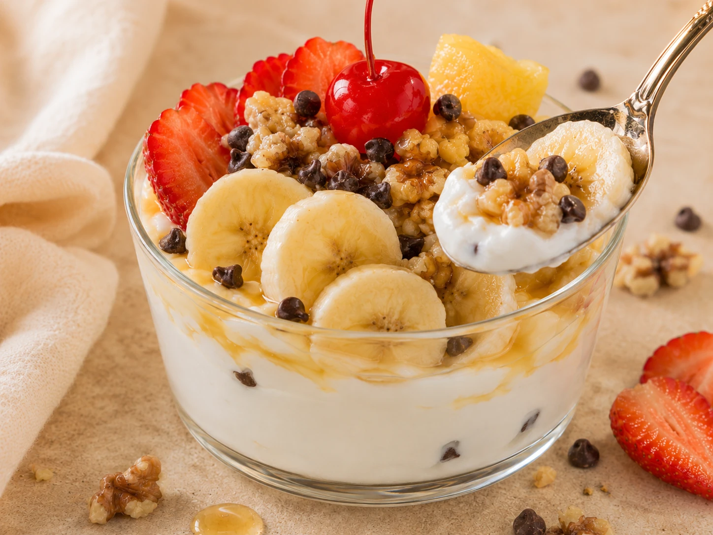 Greek Yogurt Banana Split Cups close up