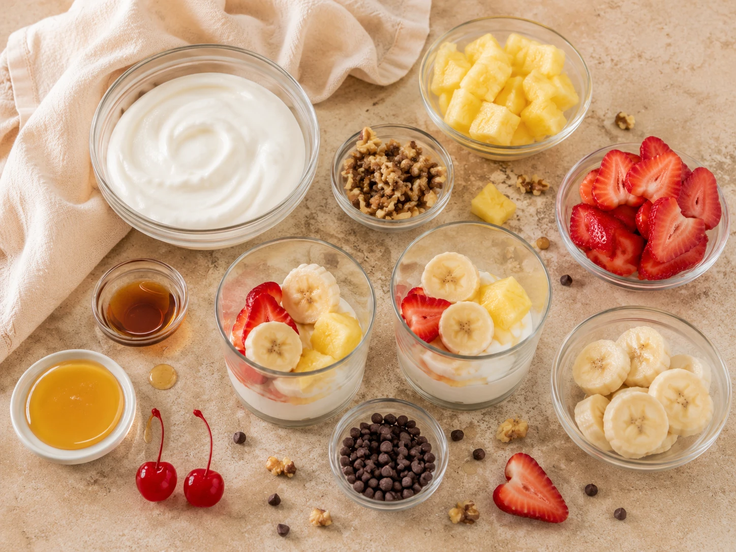 Greek Yogurt Banana Split Cups preparation
