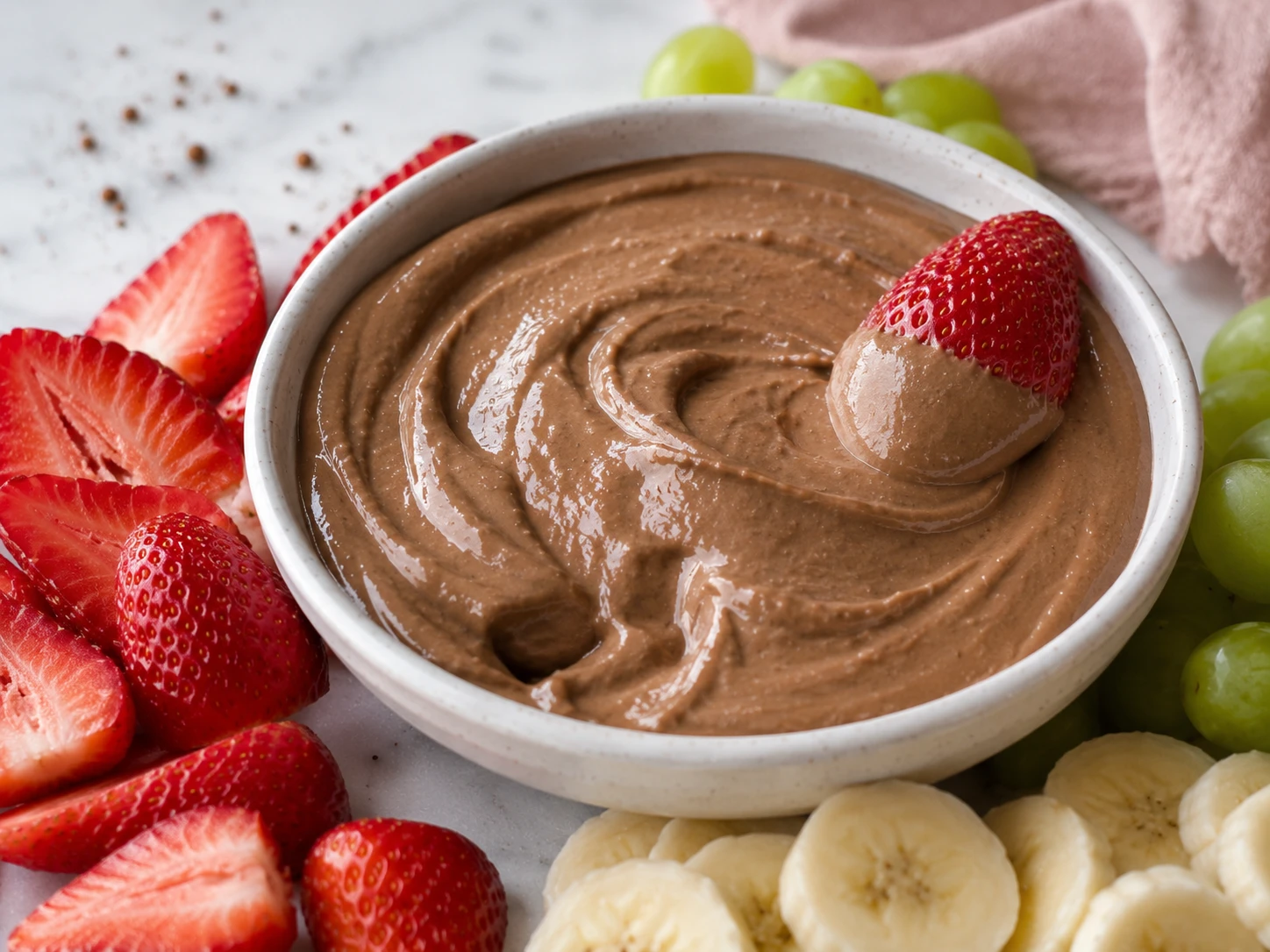 Greek Yogurt Chocolate Dip with Fruit close up