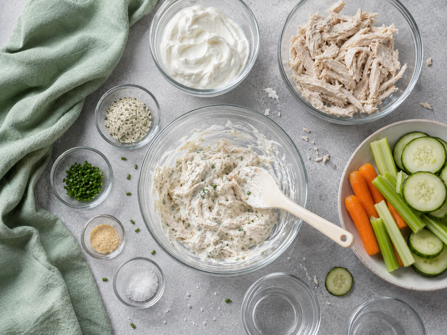 Greek Yogurt Ranch Chicken Dip Cups preparation