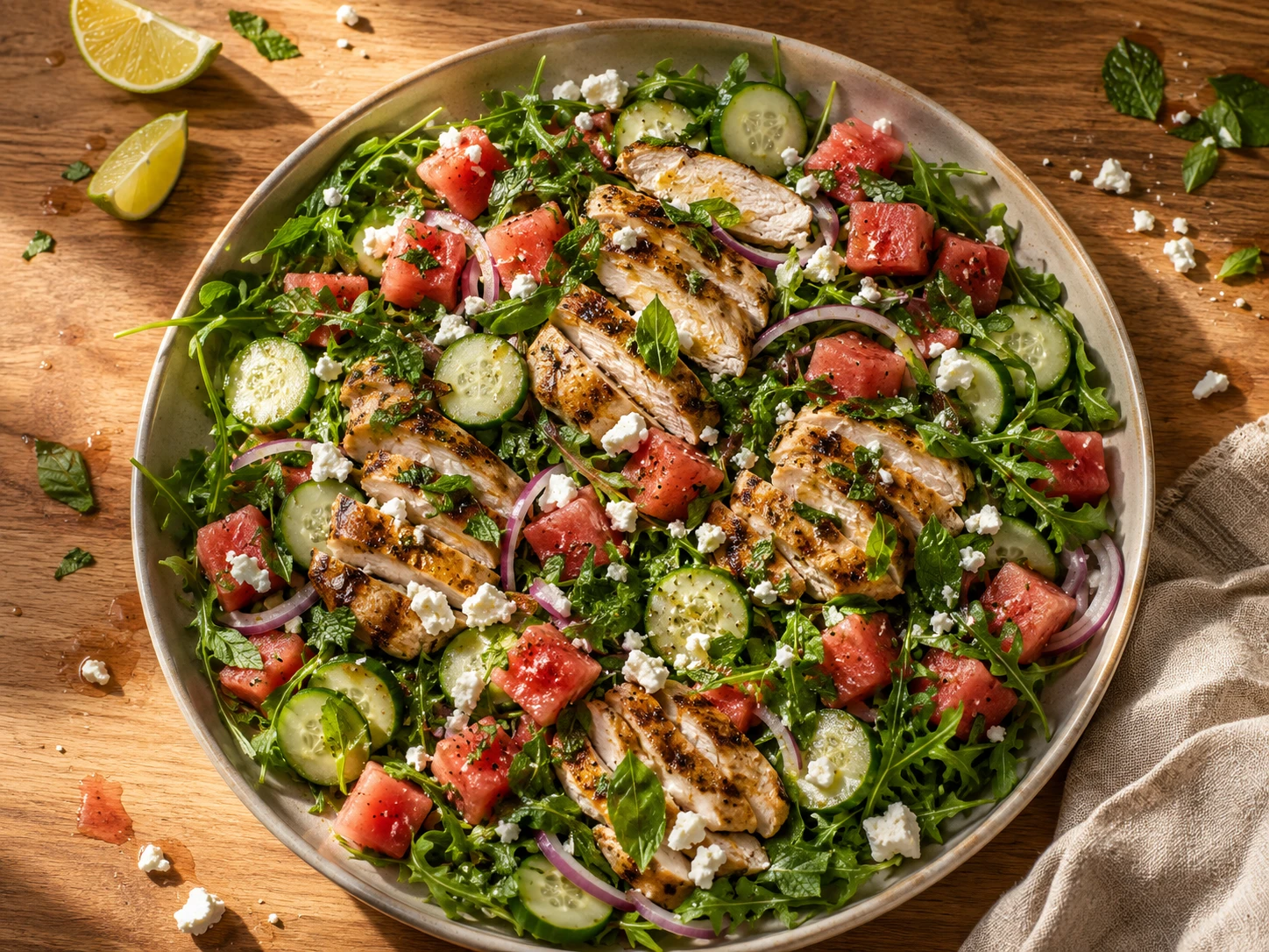 Grilled Chicken Watermelon Feta Salad aerial view