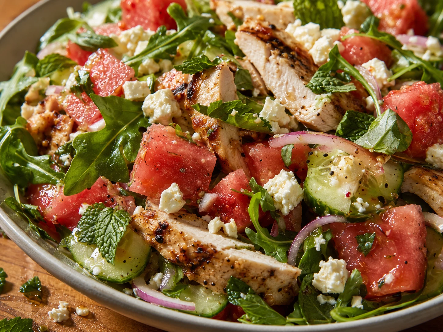 Grilled Chicken Watermelon Feta Salad close up