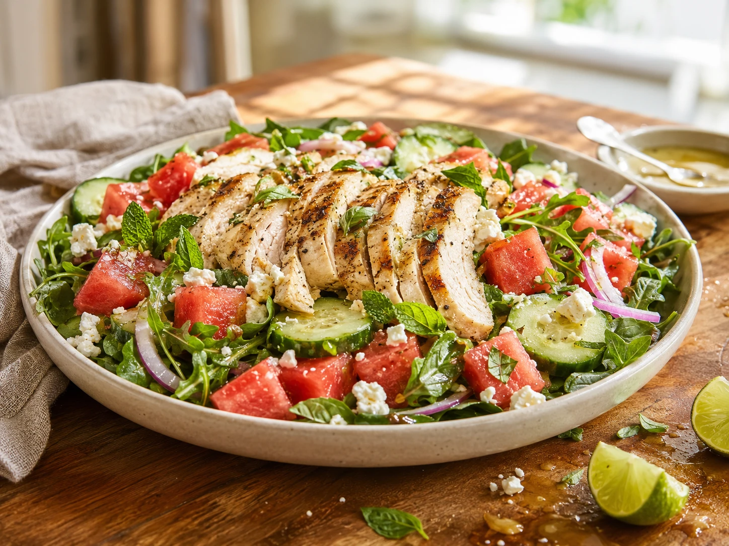 Grilled Chicken Watermelon Feta Salad preparation