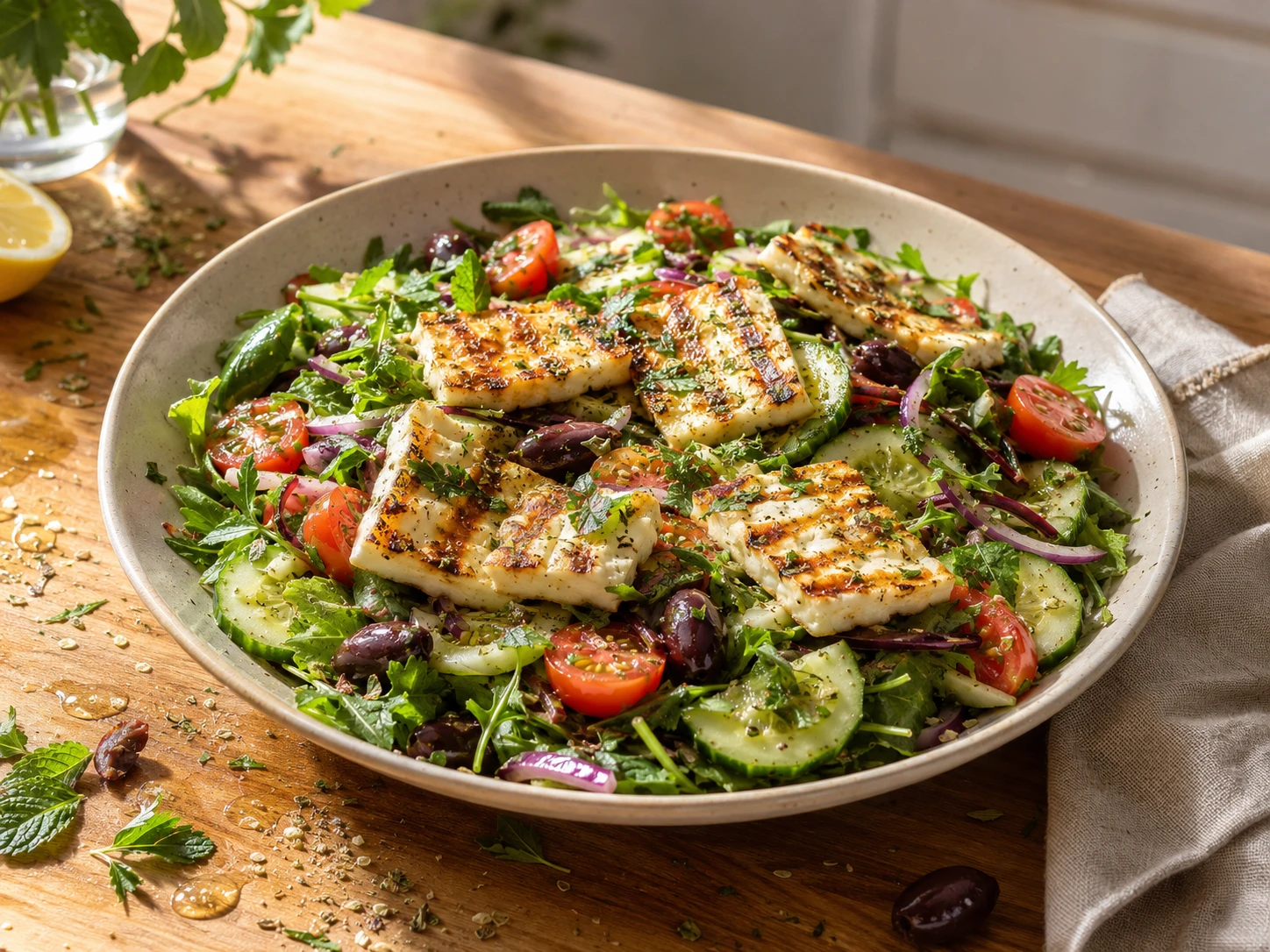 Grilled Halloumi Mediterranean Salad aerial view