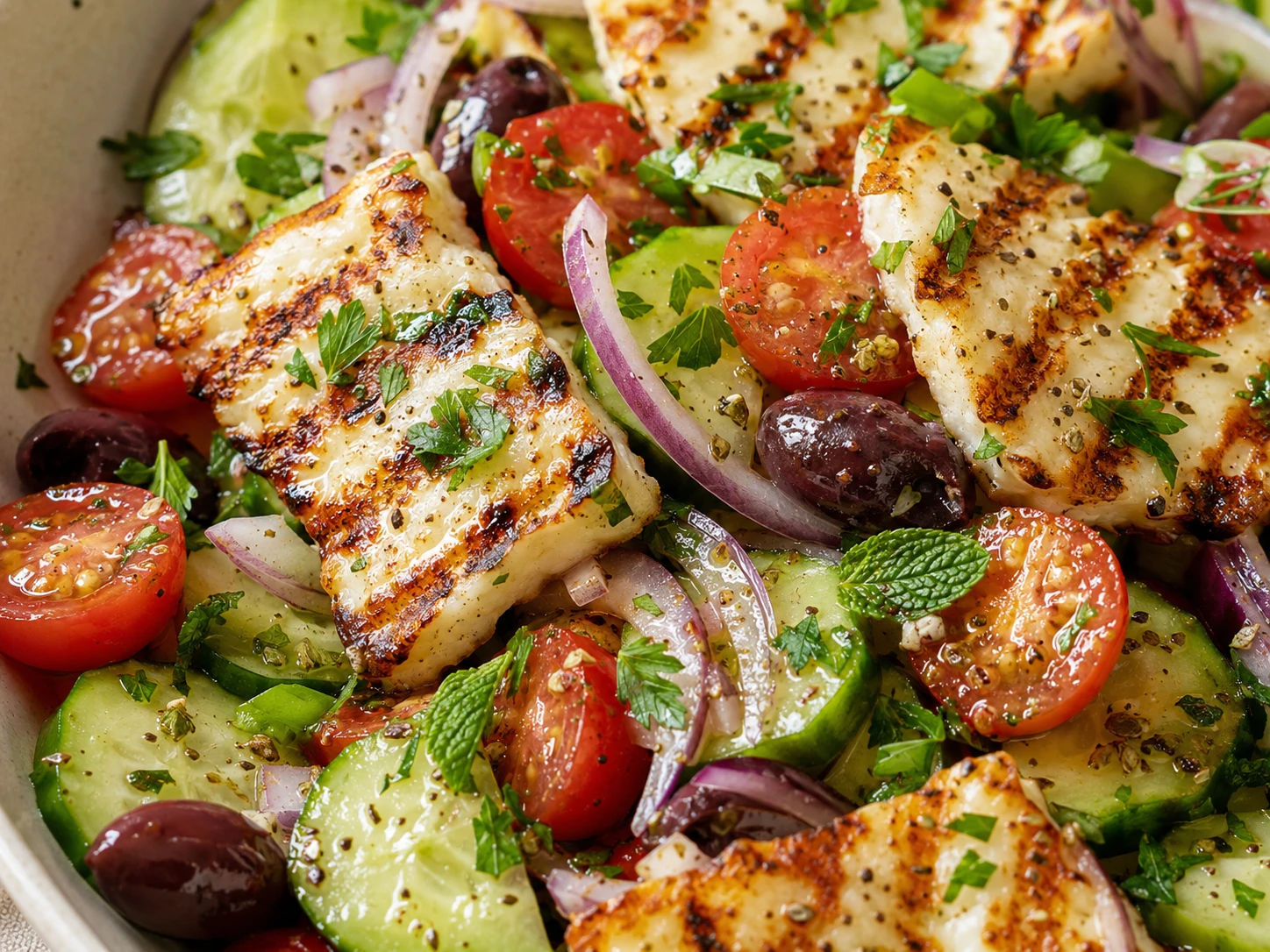 Grilled Halloumi Mediterranean Salad close up