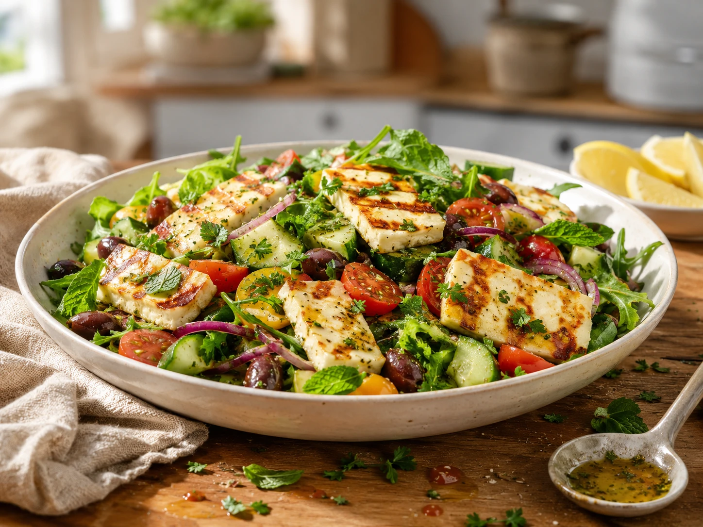 Grilled Halloumi Mediterranean Salad preparation