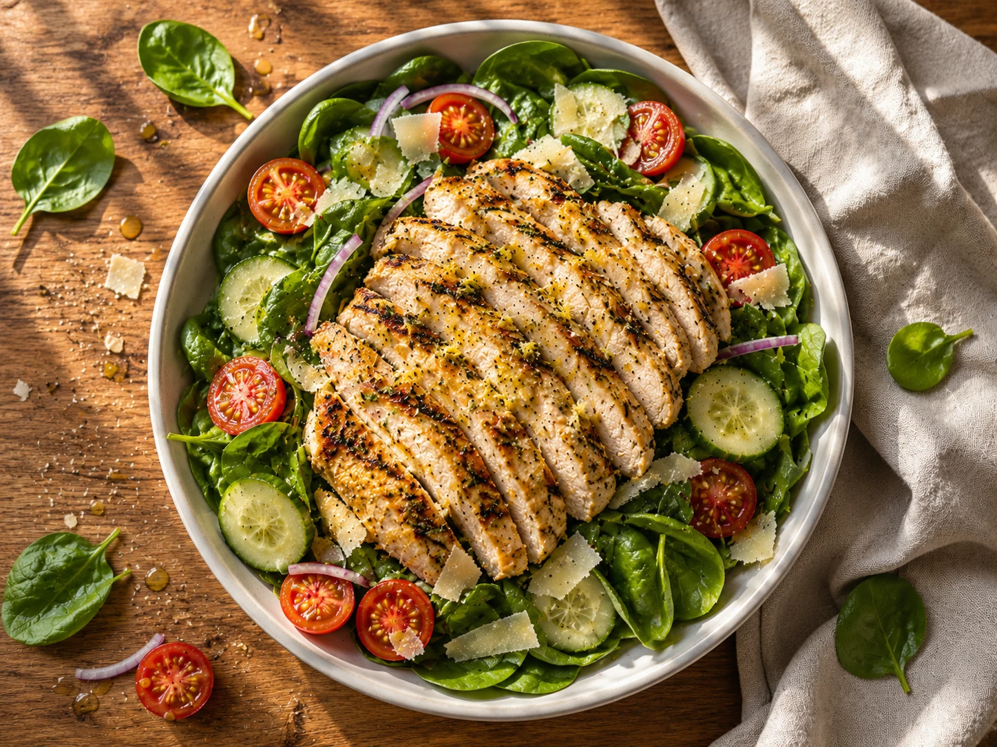 Grilled Lemon Herb Chicken Spinach Salad aerial view