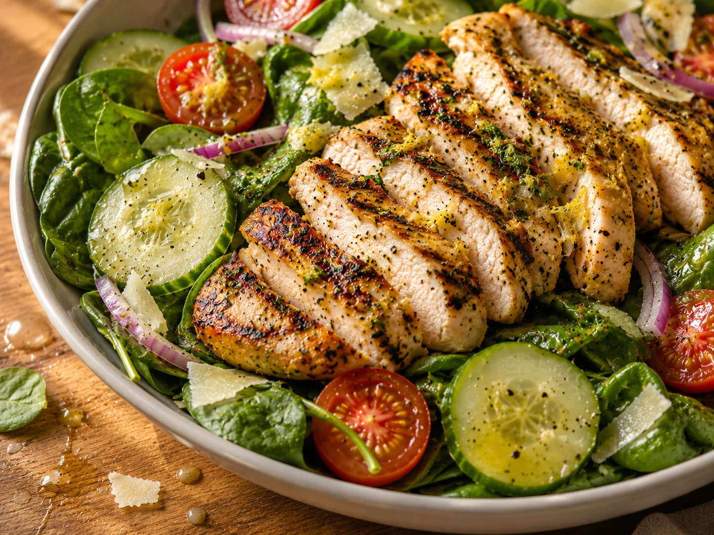 Grilled Lemon Herb Chicken Spinach Salad close up
