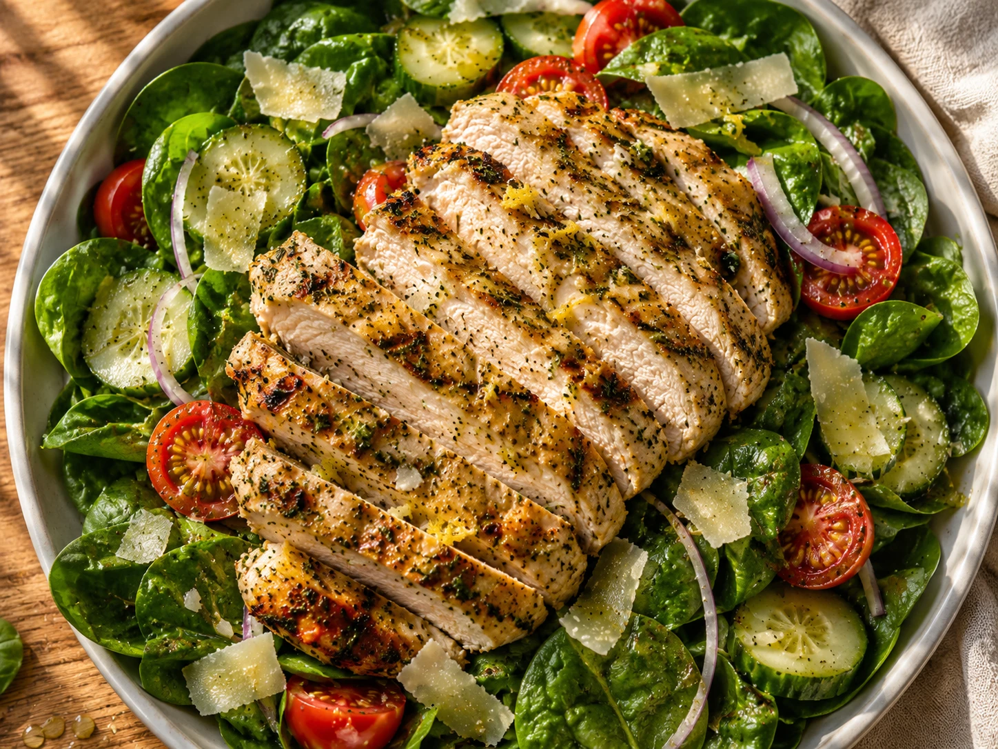 Grilled Lemon Herb Chicken Spinach Salad preparation