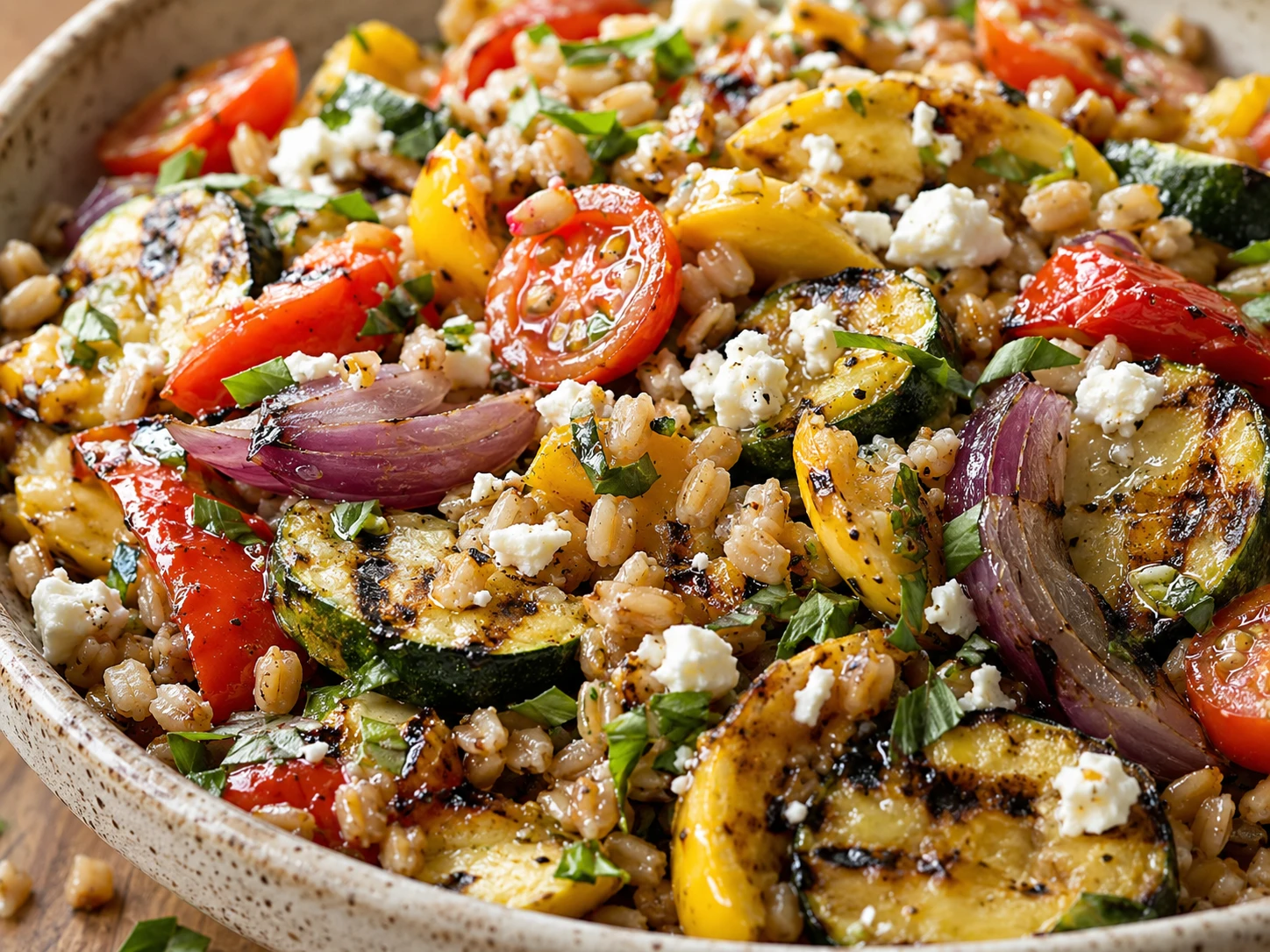 Grilled Vegetable Farro Salad close up