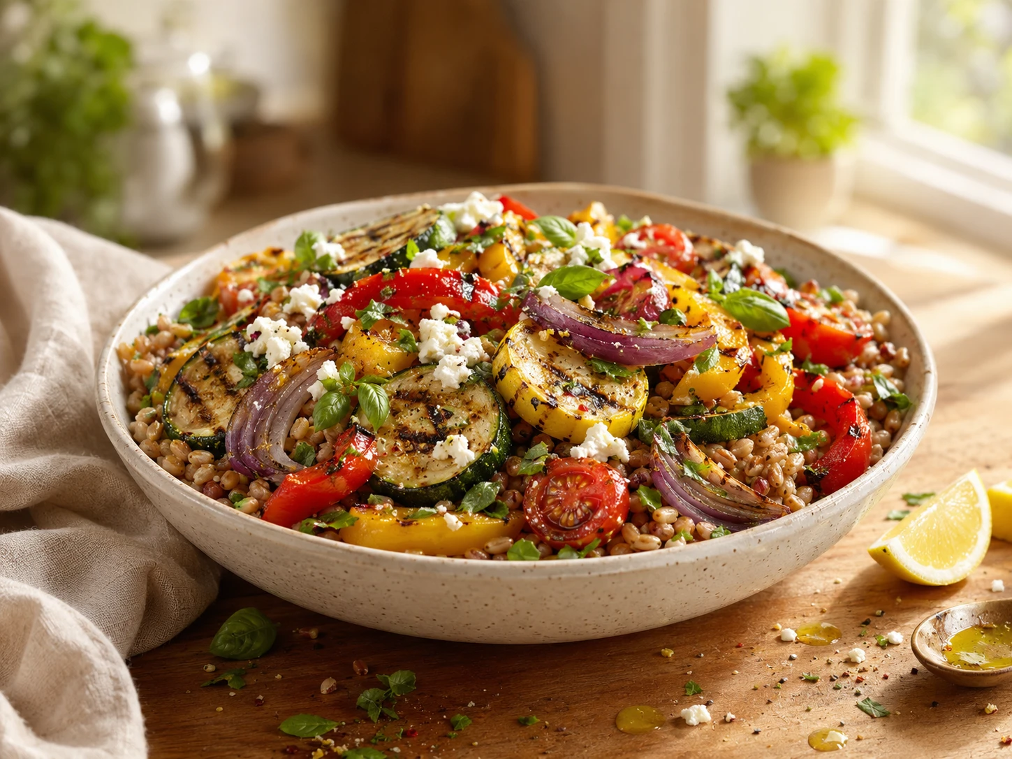 Grilled Vegetable Farro Salad preparation
