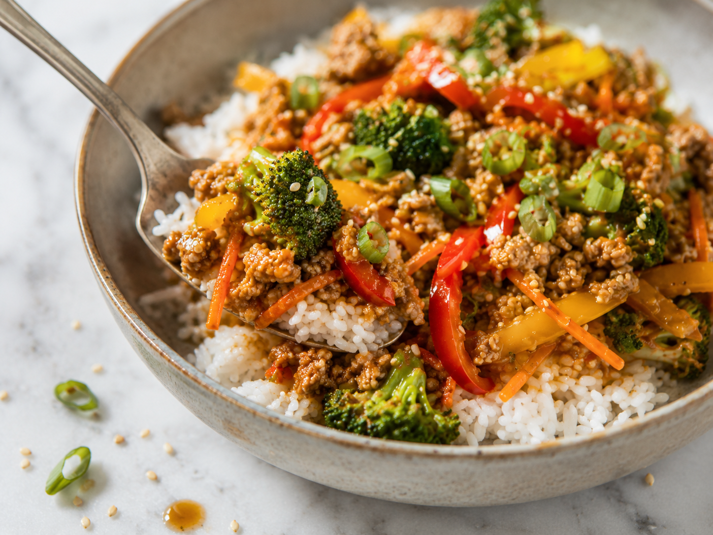 Ground Turkey Veggie Stir Fry Bowls close up